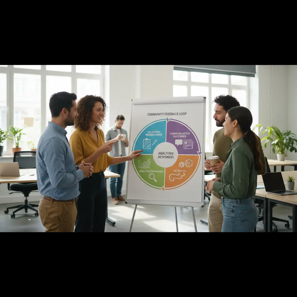 Circular infographic illustrating the four interconnected phases of a community feedback loop: collecting member input (survey clipboard icon), analyzing responses (magnifying glass over charts), acting on priorities (gears or roadmap), and communicating outcomes back to the community (speech bubbles or newsletter icon).