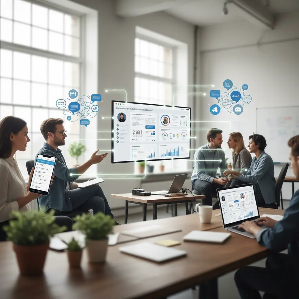 Visual diagram of a multi-channel feedback hub: surveys (mobile survey screen), discussion forums (threaded speech bubbles), one-on-one interviews (two people talking), and social media/chat platforms (Slack/Discord style icons) all linked to a central community management dashboard.