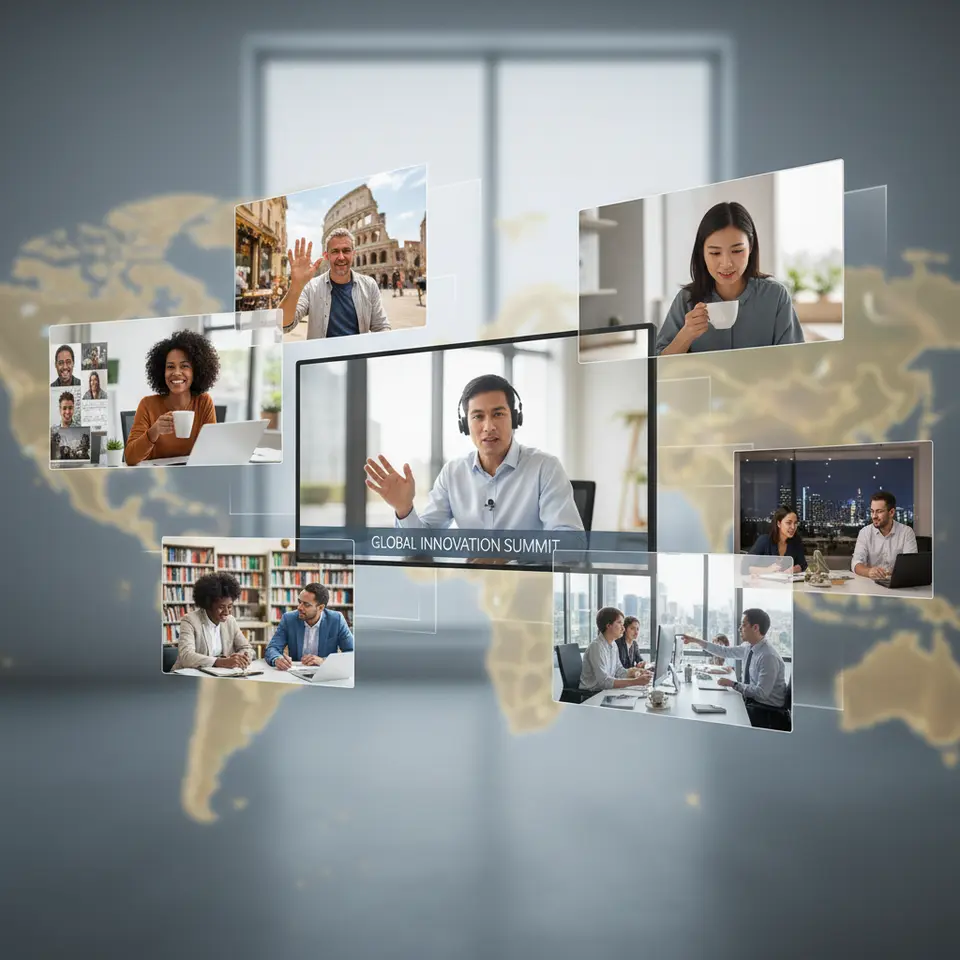 Breaking Geographic Boundaries: a world map background overlaid with floating video-call windows and diverse participant avatars connecting across continents, illustrating global attendees joining a single virtual event