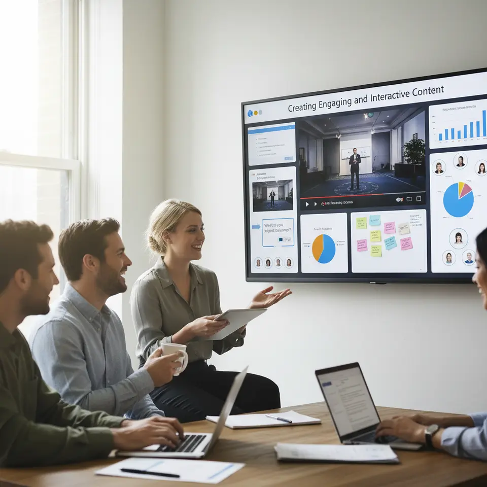 Creating Engaging and Interactive Content: a vibrant collage centered on a virtual event screen, surrounded by multimedia elements—slides, embedded videos, infographics, live-poll charts, quiz pop-ups, virtual whiteboards, and breakout-room icons—depicting immersive audience engagement tools