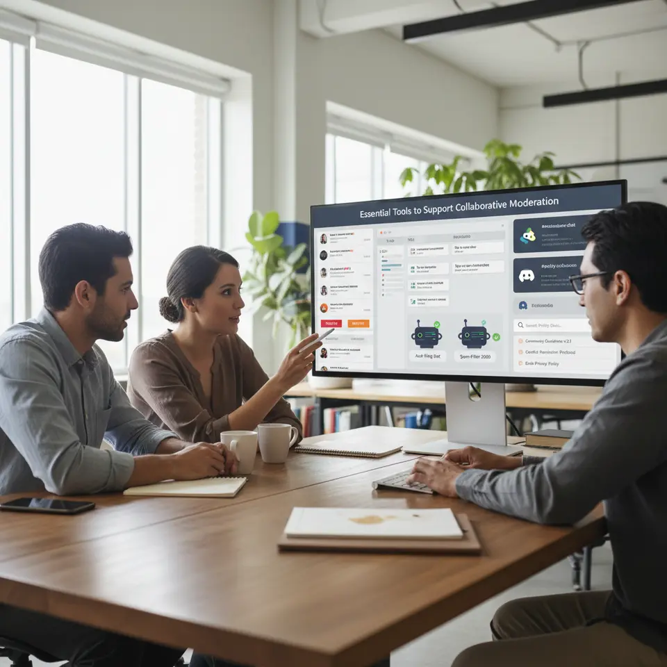 An interactive toolkit dashboard for Essential Tools to Support Collaborative Moderation, featuring report-and-flag buttons on posts, a Trello-style task board, dedicated Slack/Discord channels, automation bots in action, and a searchable policy documentation repository