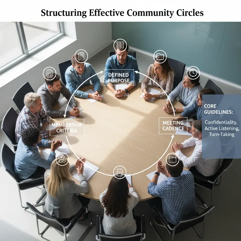 Structuring Effective Community Circles: A top-down infographic showing a small group of 5–15 people around a round table, with overlaid labels for ‘Defined Purpose’, ‘Membership Criteria’, and ‘Meeting Cadence’. Each participant has an icon indicating their rotating role—clipboard for facilitator, notebook for note-taker, clock for timekeeper, folder for resource curator—and a sidebar displays core guidelines (confidentiality, active listening, turn-taking).