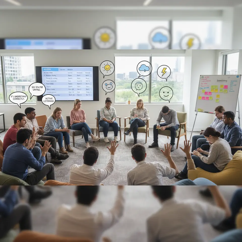 Facilitating Impactful Dialogue: A dynamic scene of a community circle in action, featuring a check-in round (speech bubbles and mood icons above each person), a brainwriting segment (participants writing ideas on sticky notes in silence), active listening prompts (speech bubbles restating peers’ points), a cluster of raised hands showing fist-to-five voting, and a whiteboard or digital board pinned with action items, owners, and deadlines.